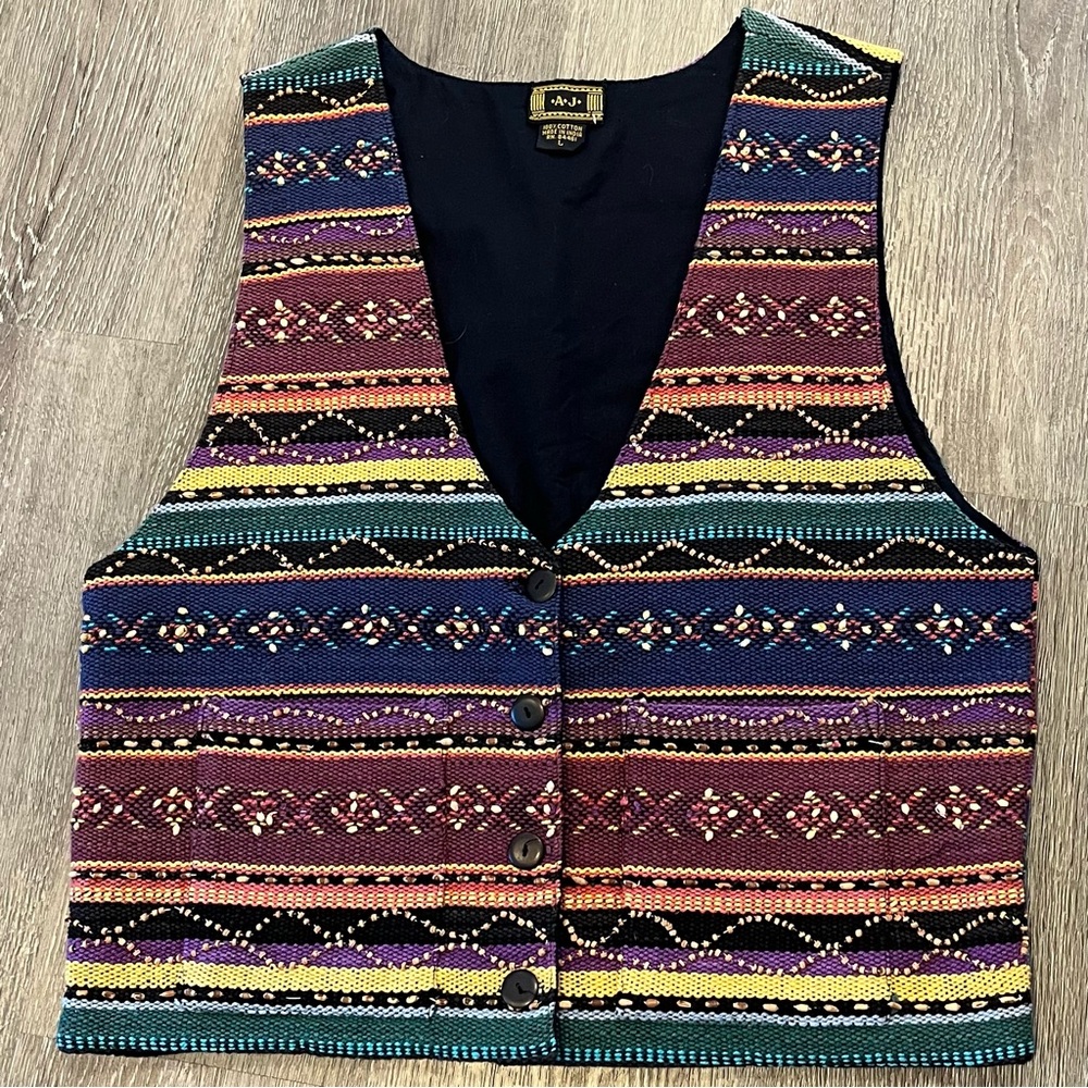 AJ Multicolor Southwestern Striped Beaded Design 100% Cotton Vest Women’s Size L